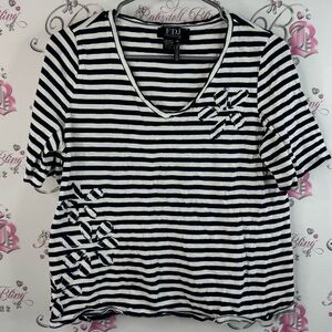 FDJ tshirt navy blue and White Striped Women's Tee embroidered patch flowers